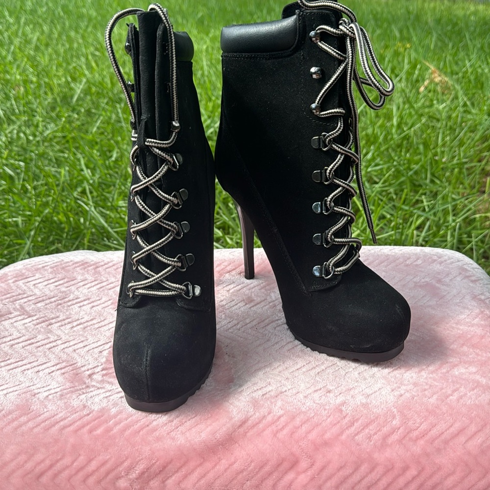 Shi black lace up heel boots, size 8M